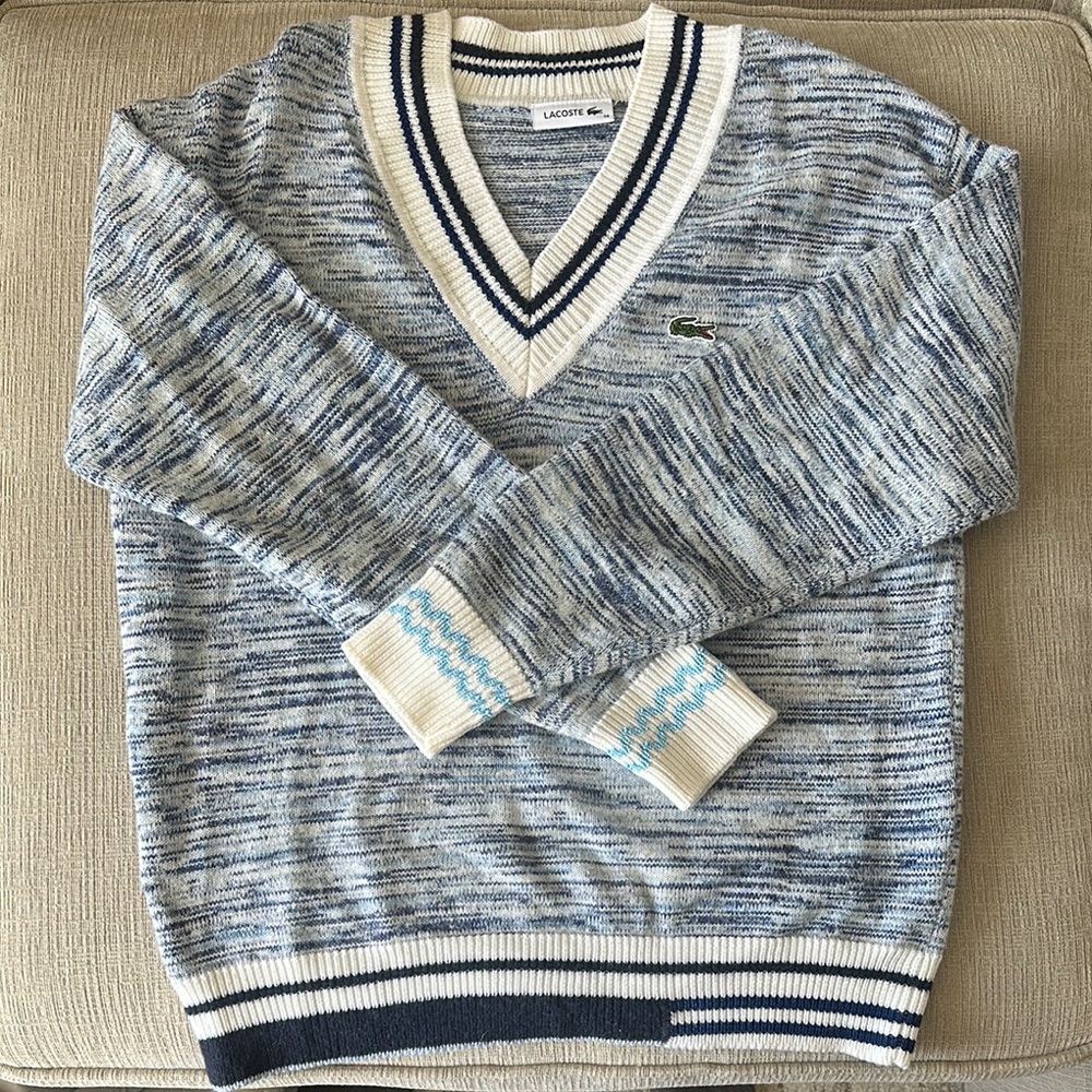 Lacoste Blue and White V-Neck Sweater with Striped Accents